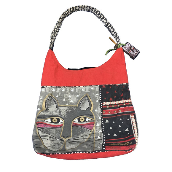 Laurel Burch Whiskered Cat Purse, Shoulder Bag HOBO, Red Gray Black, Cat Lover - Picture 1 of 12